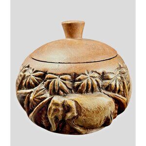 Carved Wood Covered Bowl Box Round w Lid Elephant Palm Trees Safari Vintage